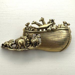 VINTAGE AJC 1980's Noah's Ark Brooch Brushed Gold Tone Christian Religious